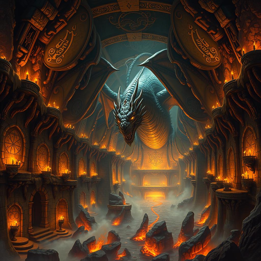 An epic dragon mega dungeon depicted with intricate and detailed artwork, inspired by the style of Johan Egerkrans