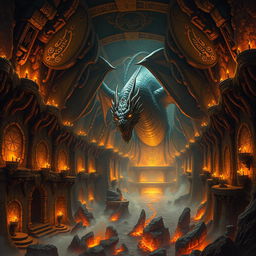 An epic dragon mega dungeon depicted with intricate and detailed artwork, inspired by the style of Johan Egerkrans