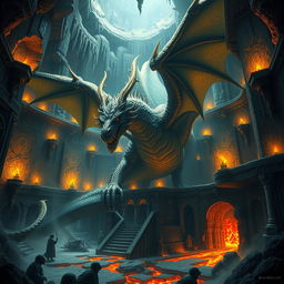 An epic dragon mega dungeon depicted with intricate and detailed artwork, inspired by the style of Johan Egerkrans