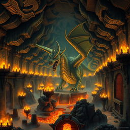 An epic dragon mega dungeon depicted with intricate and detailed artwork, inspired by the style of Johan Egerkrans