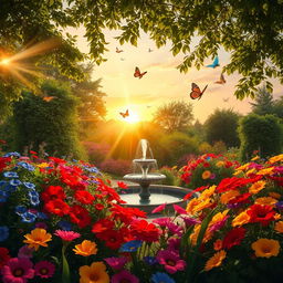 A beautiful garden scene with vibrant flowers blooming in an array of colors, including bright reds, blues, and yellows