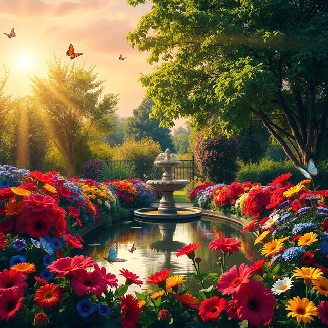 A beautiful garden scene with vibrant flowers blooming in an array of colors, including bright reds, blues, and yellows