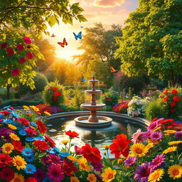 A beautiful garden scene with vibrant flowers blooming in an array of colors, including bright reds, blues, and yellows