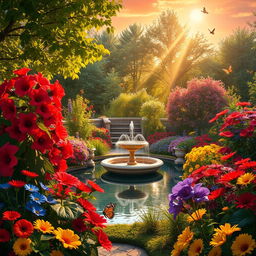 A beautiful garden scene with vibrant flowers blooming in an array of colors, including bright reds, blues, and yellows