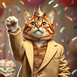 A photorealistic depiction of a cat wearing an unbuttoned beige jacket, crowned regally, with its paw raised in celebration