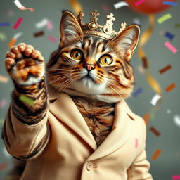 A photorealistic depiction of a cat wearing an unbuttoned beige jacket, crowned regally, with its paw raised in celebration