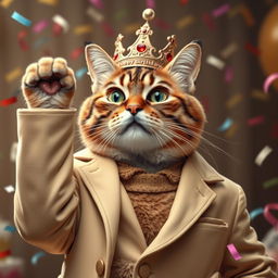 A photorealistic depiction of a cat wearing an unbuttoned beige jacket, crowned regally, with its paw raised in celebration