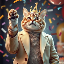 A photorealistic depiction of a cat wearing an unbuttoned beige jacket, crowned regally, with its paw raised in celebration