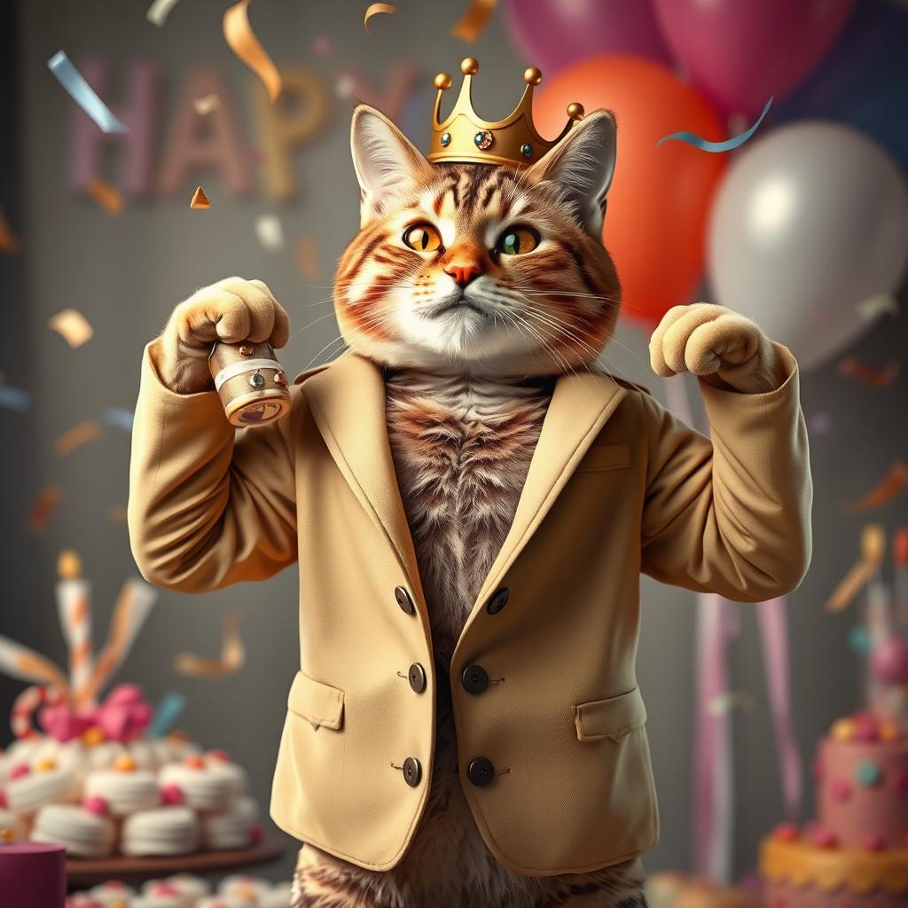 A photorealistic depiction of a cat wearing an unbuttoned beige jacket with a crown on its head, proudly showing off its muscles while celebrating a birthday