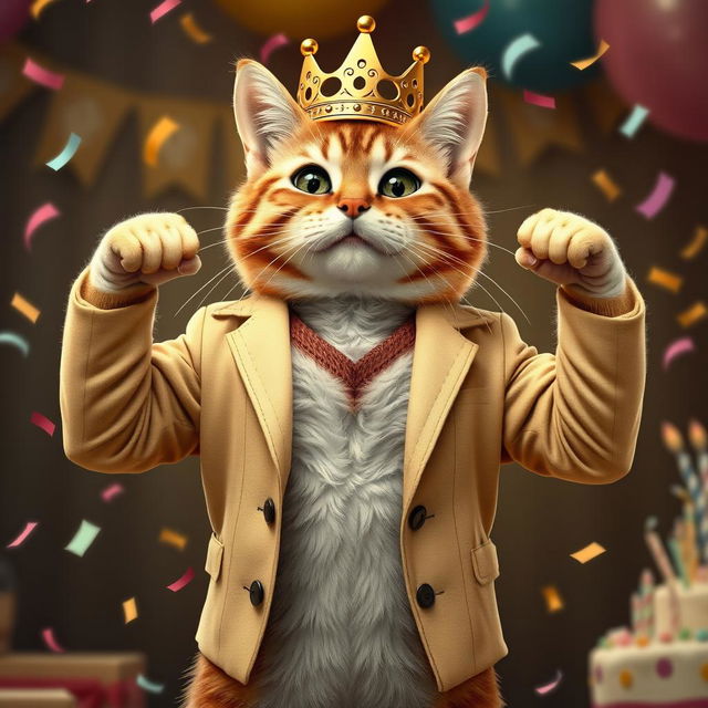 A photorealistic depiction of a cat wearing an unbuttoned beige jacket with a crown on its head, proudly showing off its muscles while celebrating a birthday