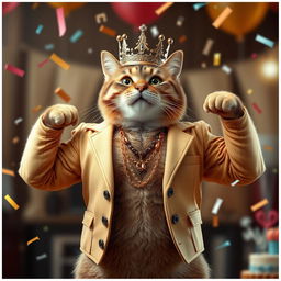 A photorealistic depiction of a cat wearing an unbuttoned beige jacket with a crown on its head, proudly showing off its muscles while celebrating a birthday