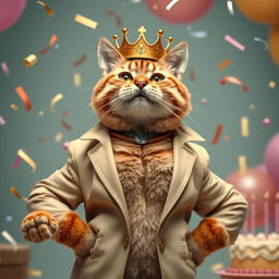 A photorealistic depiction of a cat wearing an unbuttoned beige jacket with a crown on its head, proudly showing off its muscles while celebrating a birthday