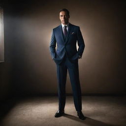 A high-value man, boldly standing in a dimly lit room. His expensive suit, charismatic persona and confident stance underscore his success and power.