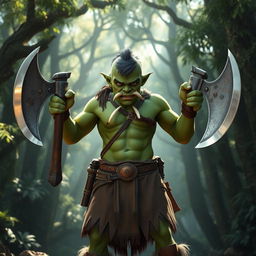 A young, vigorous half-orc barbarian with prominent green skin, standing confidently while wielding two war axes