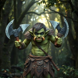 A young, vigorous half-orc barbarian with prominent green skin, standing confidently while wielding two war axes