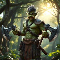 A young, vigorous half-orc barbarian with prominent green skin, standing confidently while wielding two war axes