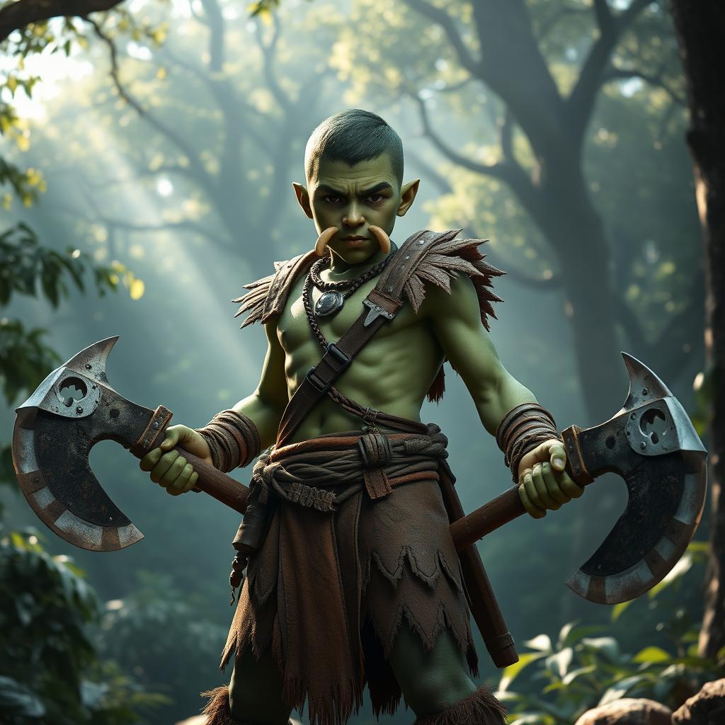 A young, vigorous half-orc barbarian with prominent green skin, standing confidently while wielding two war axes