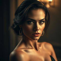 A portrait of a confident and alluring woman with striking features, capturing the essence of charisma and allure