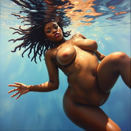 A polished, oil-based painting depicting a full nude body view of a gorgeous, voluptuous black woman with dreadlocks and beautiful breasts swimming underwater