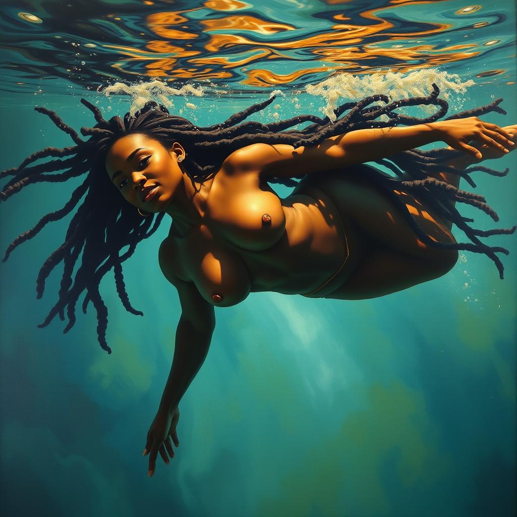 A polished, oil-based painting depicting a full nude body view of a gorgeous, voluptuous black woman with dreadlocks and beautiful breasts swimming underwater