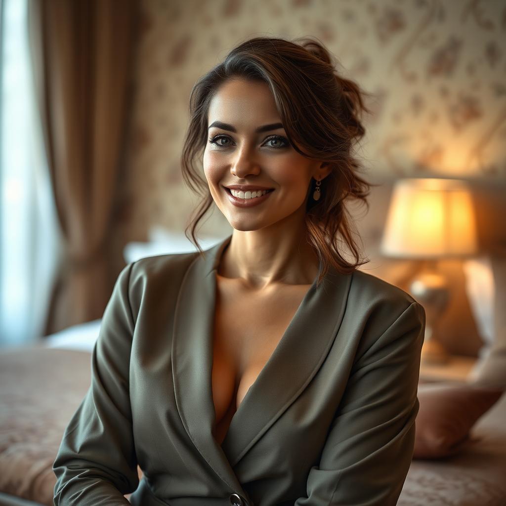 a beautiful and attractive motherly figure with a confident and alluring presence, exuding maternal warmth and sensuality, set in an elegant and tasteful bedroom environment, radiating elegance and poise, with captivating eyes and a soft inviting smile, wearing a stylish and modest outfit that accentuates her beauty