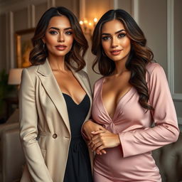 two alluring and attractive motherly figures exuding elegance and a confident aura, set in a stylish and softly lit room, with inviting expressions and tasteful poses, portraying a sense of sensuality and grace