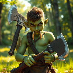 A teenage half-orc barbarian with a light green complexion, holding two war axes confidently