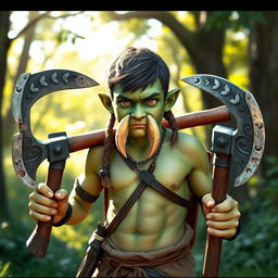 A teenage half-orc barbarian with a light green complexion, holding two war axes confidently