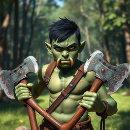 A teenage half-orc barbarian with a light green complexion, holding two war axes confidently