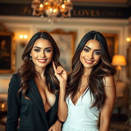 two beautiful and attractive women exuding confidence and elegance, posing gracefully in a luxurious room with classic decor, accentuating their captivating features and radiant smiles, enveloped in a soft and inviting atmosphere