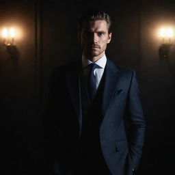 A strikingly handsome, high-value man in a stylish suit standing confidently in a dramatically lit dark room, his aura commanding attention.