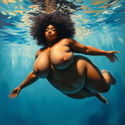 A polished, oil-based painting depicting a full nude body view of a plus-size, gorgeous black woman with an afro and beautiful breasts swimming underwater