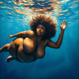 A polished, oil-based painting depicting a full nude body view of a plus-size, gorgeous black woman with an afro and beautiful breasts swimming underwater