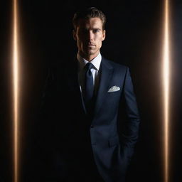 A strikingly handsome, high-value man in a stylish suit standing confidently in a dramatically lit dark room, his aura commanding attention.