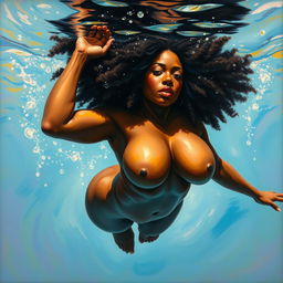 A polished, oil-based painting depicting a full nude body view of a plus-size, gorgeous black woman with an afro and beautiful breasts swimming underwater