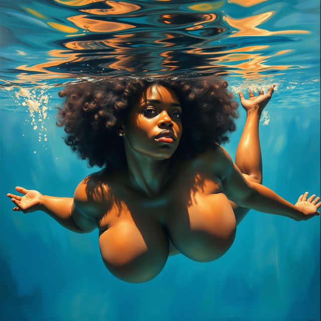 A polished, oil-based painting depicting a full nude body view of a plus-size, gorgeous black woman with an afro and beautiful breasts swimming underwater