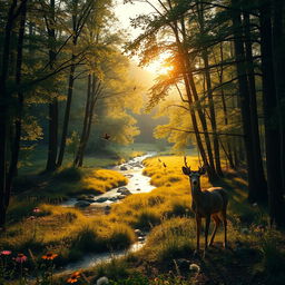 A serene forest clearing, bathed in the soft light of the setting sun