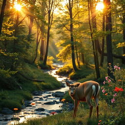 A serene forest clearing, bathed in the soft light of the setting sun