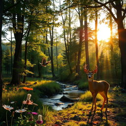 A serene forest clearing, bathed in the soft light of the setting sun