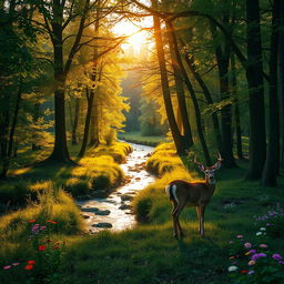 A serene forest clearing, bathed in the soft light of the setting sun