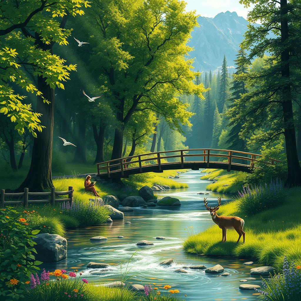 An enchanting forest scene with lush green trees, vibrant wildflowers, and a serene river flowing through it