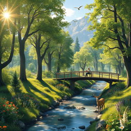 An enchanting forest scene with lush green trees, vibrant wildflowers, and a serene river flowing through it