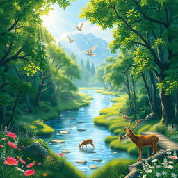 An enchanting forest scene with lush green trees, vibrant wildflowers, and a serene river flowing through it