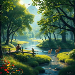 An enchanting forest scene with lush green trees, vibrant wildflowers, and a serene river flowing through it