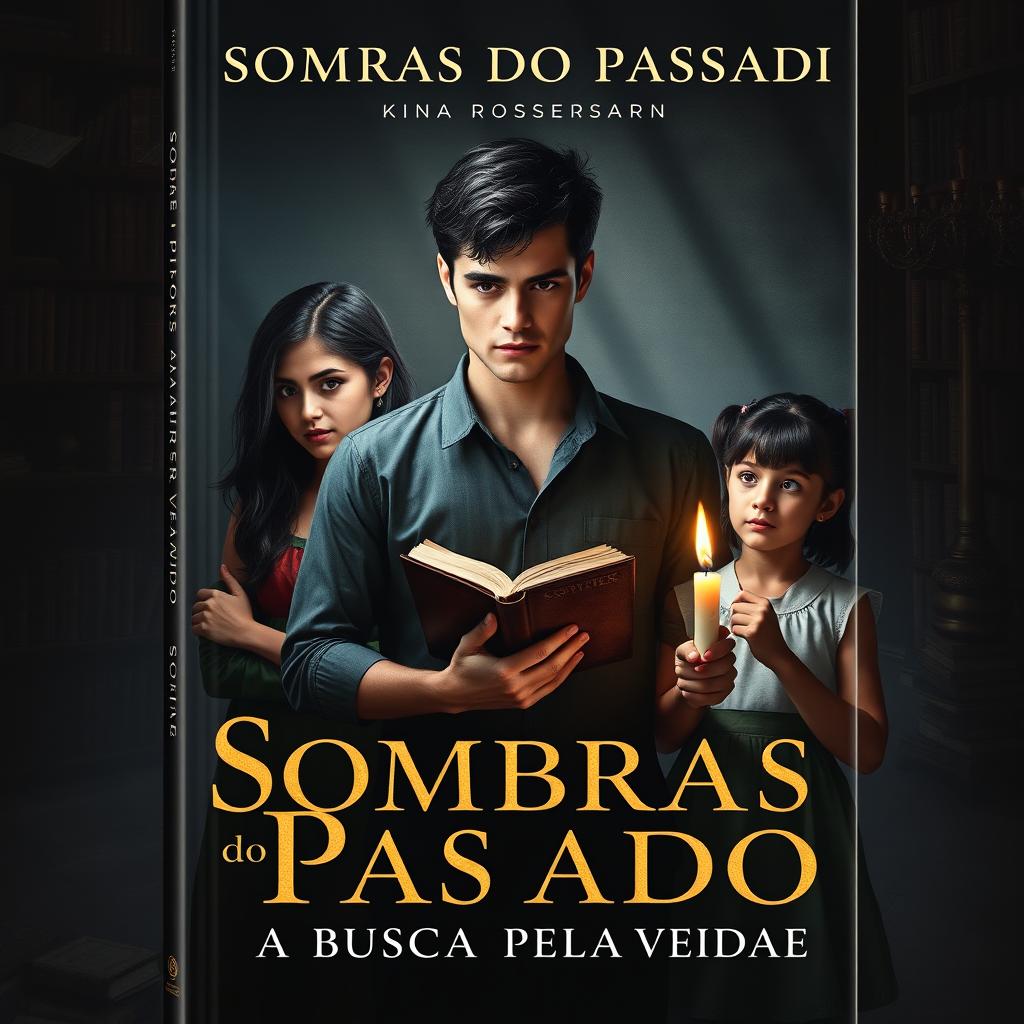 A captivating book cover for "Sombras do Passado: A Busca Pela Verdade" featuring the three protagonists: a 20-year-old young man with striking features, an 18-year-old young woman with an inquisitive expression, and a 14-year-old girl with a thoughtful demeanor