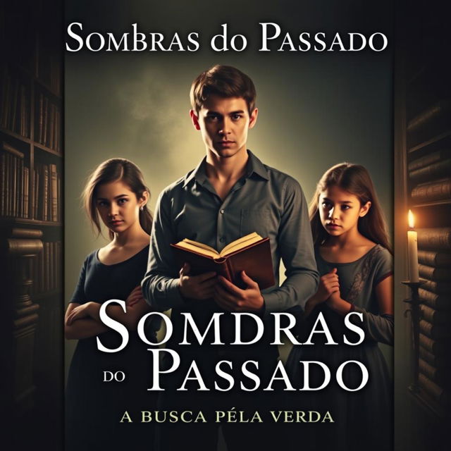 A captivating book cover for "Sombras do Passado: A Busca Pela Verdade" featuring the three protagonists: a 20-year-old young man with striking features, an 18-year-old young woman with an inquisitive expression, and a 14-year-old girl with a thoughtful demeanor