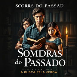 A captivating book cover for "Sombras do Passado: A Busca Pela Verdade" featuring the three protagonists: a 20-year-old young man with striking features, an 18-year-old young woman with an inquisitive expression, and a 14-year-old girl with a thoughtful demeanor