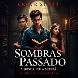 A captivating book cover for "Sombras do Passado: A Busca Pela Verdade" featuring the three protagonists: a 20-year-old young man with striking features, an 18-year-old young woman with an inquisitive expression, and a 14-year-old girl with a thoughtful demeanor