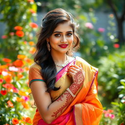 a beautiful and elegant Indian woman dressed in traditional colorful saree, posing gracefully in a serene garden with vibrant flowers