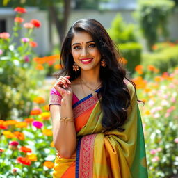 a beautiful and elegant Indian woman dressed in traditional colorful saree, posing gracefully in a serene garden with vibrant flowers